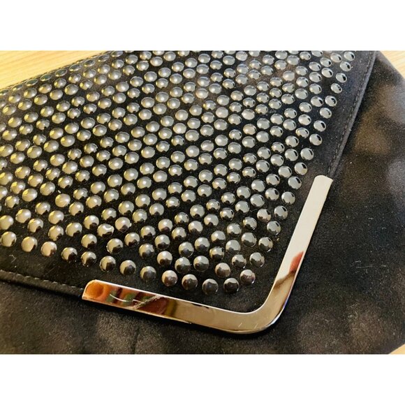 Elegant Black Suede Envelope Clutch With Studded Front and Crossover Chain Strap - Picture 4 of 14